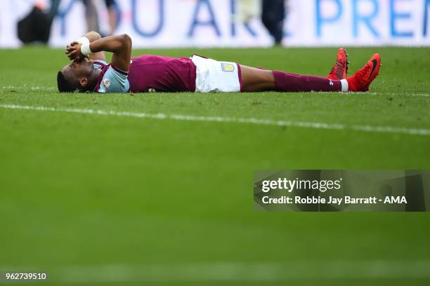 Dejected Jonathan Kodjia of Aston Villa at full time during the Sky Bet Championship Play Off Final between Aston Villa and Fulham at Wembley Stadium...