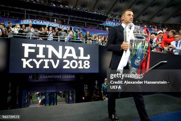 Andriy Shevchenko, Ukraine footballer walks out with the UEFA Champions League Trophy prior to the UEFA Champions League Final between Real Madrid...