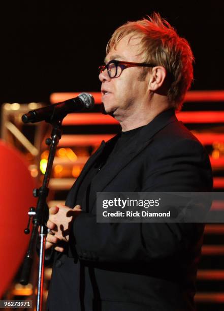 Musician Sir Elton John speaks at the 2010 MusiCares Person Of The Year Tribute To Neil Young at the Los Angeles Convention Center on January 29,...