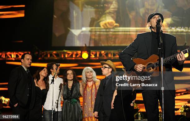 Musicians Dave Matthews, guest, Jason Mraz, Emmylou Harris, Elvis Costello, Shawn Colvin and James Taylor onstage at the 2010 MusiCares Person Of The...