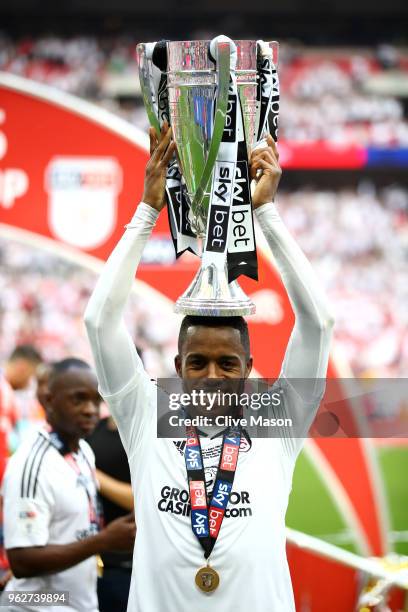 Ryan Sessegnon of Fulham celebrates with the trophy following their sides victory in the Sky Bet Championship Play Off Final between Aston Villa and...