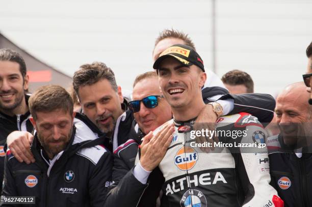 Loris Baz of France and Gulf Althea BMW Racing Team celebrates the third place at the end of the Super Pole during the Motul FIM Superbike World...