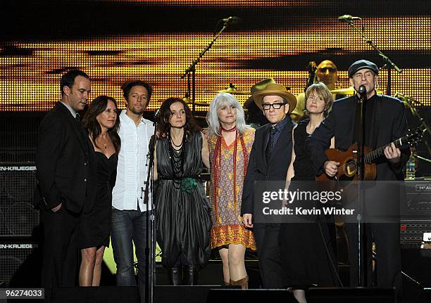 Musicians Dave Matthews, guest, Jason Mraz, Emmylou Harris, Elvis Costello, Shawn Colvin and James Taylor onstage at the 2010 MusiCares Person Of The...