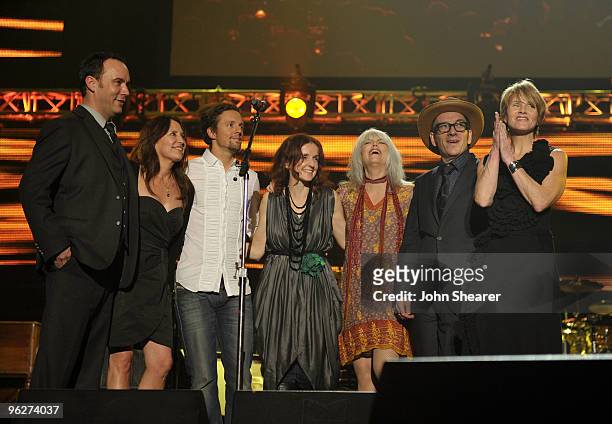 Musicians Dave Matthews, guest, Jason Mraz, Patty Griffin, Emmylou Harris, Elvis Costello, Shawn Colvin onstage at the 2010 MusiCares Person Of The...