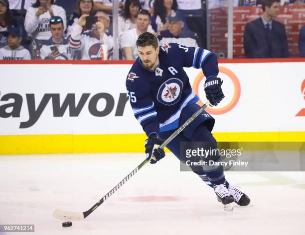 Mark Scheifele of the Winnipeg Jets takes part in the pre-game warm up prior to NHL action against the Vegas Golden Knights in Game Five of the...