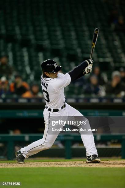 Pete Kozma of the Detroit Tigers bats against the Seattle Mariners during game two of a doubleheader at Comerica Park on May 12, 2018 in Detroit,...