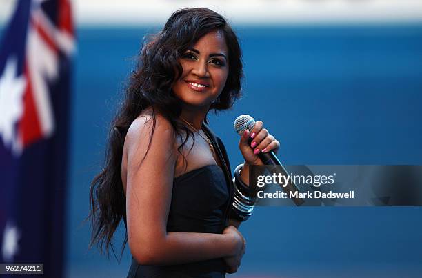 Singer Jessica Mauboy performs before the women's final match between Justine Henin of Belgium and Serena Williams of the United States of America...