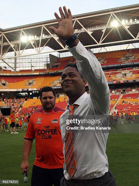 Former Dutch international player Patrick Kluivert waves to fans shortly before the round 25 A-League match between the Brisbane Roar and Sydney FC...