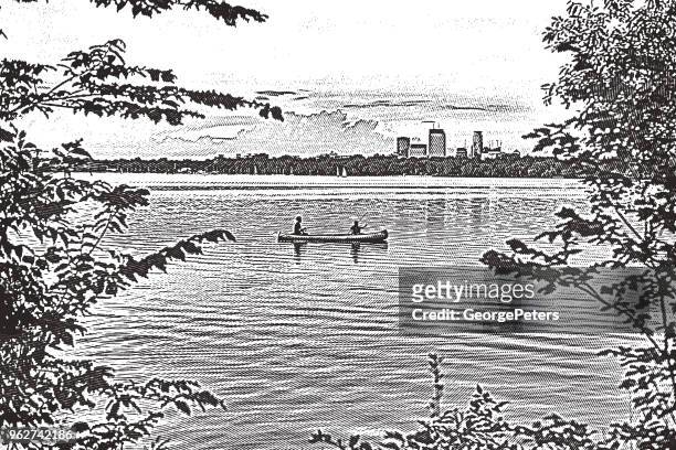canoeing and fishing on a minneapolis lake. lake calhoun - minneapolis stock illustrations