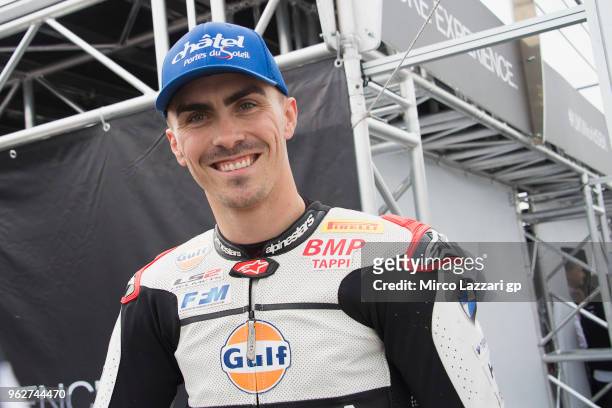 Loris Baz of France and Gulf Althea BMW Racing Team celebrates the third place at the end of the Super Pole during the Motul FIM Superbike World...