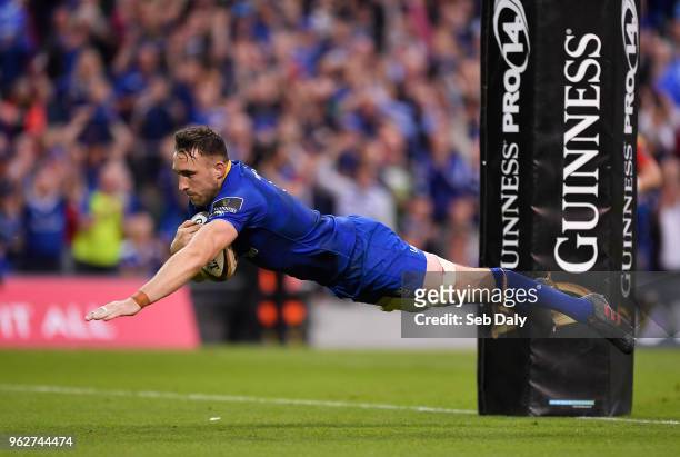Dublin , Ireland - 26 May 2018; Jack Conan of Leinster goes over to score his side's fifth try during the Guinness PRO14 Final between Leinster and...