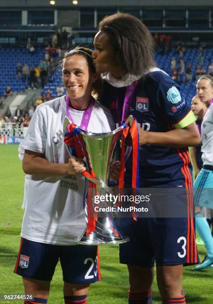 Wendie Renard and Camille Abily of Lyon with Trophy during the UEFA Women's Champions League Final match between VFL Wolfsburg and Olympique Lyonnais...