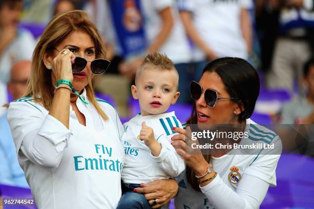 The family of Sergio Ramos of Real Madrid, Pilar Rubio , Marco Ramos Rubio and Paqui Garcia look on before the UEFA Champions League final between...