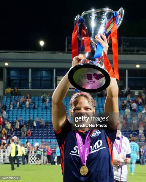 Eugnie Le Sommer of Lyon with Trophy Afte the UEFA Women's Champions League Final match between VFL Wolfsburg and Olympique Lyonnais at Kyiv, Ukraine...