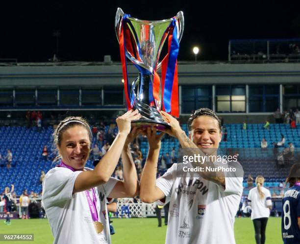 Camille Abily and Dzsenifer Marozsan of Lyon with Trophy during the UEFA Women's Champions League Final match between VFL Wolfsburg and Olympique...