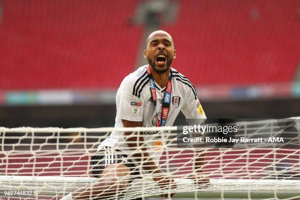 Denis Odoi of Fulham celebrates on top of the goal posts at full time during the Sky Bet Championship Play Off Final between Aston Villa and Fulham...