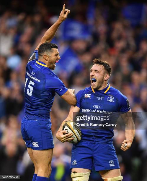 Dublin , Ireland - 26 May 2018; Jack Conan of Leinster celebrates with team-mate Rob Kearney, left, after scoring his side's fifth try during the...