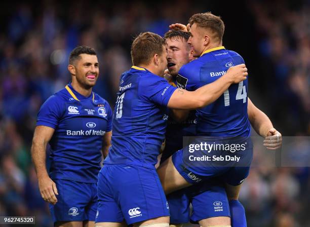 Dublin , Ireland - 26 May 2018; Jack Conan of Leinster, centre, celebrates with team-mates Rob Kearney, Jordi Murphy and Jordan Larmour after scoring...