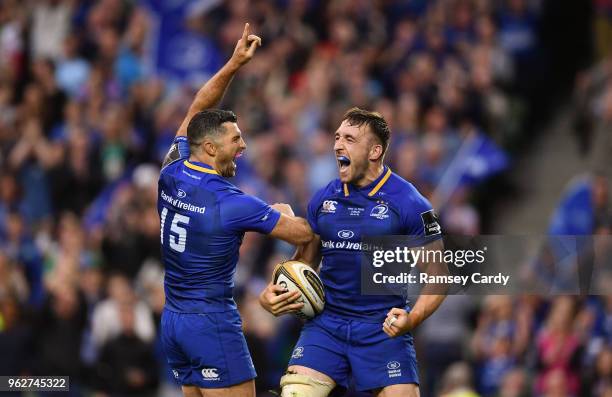 Dublin , Ireland - 26 May 2018; Jack Conan of Leinster celebrates with team-mate Rob Kearney, left, after scoring his side's fifth try during the...