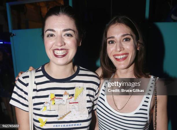 Barrett Wilbert Weed and Lizzy Caplan pose backstage at the hit musical based on the film "Mean Girls" on Broadway at The August Wilson Theater on...