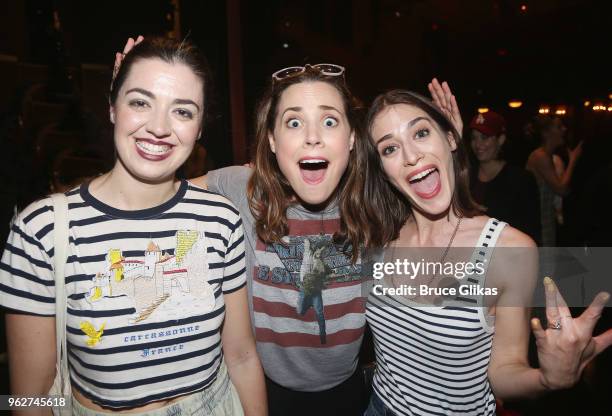 Barrett Wilbert Weed, Erika Henningsen and Lizzy Caplan pose backstage at the hit musical based on the film "Mean Girls" on Broadway at The August...