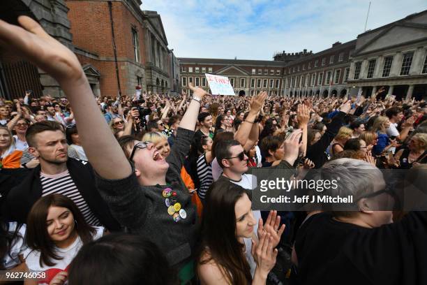 Supporters gather at Dublin Castle for the result Irish referendum result on the 8th amendment concerning the country's abortion laws on May 26, 2018...