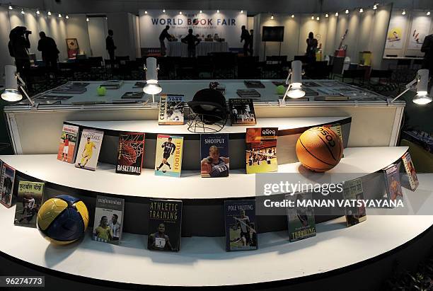 Books on different sports are displayed at a themed stall at the World Book Fair 2010 in New Delhi on January 30, 2010. The 19th New Delhi World Book...