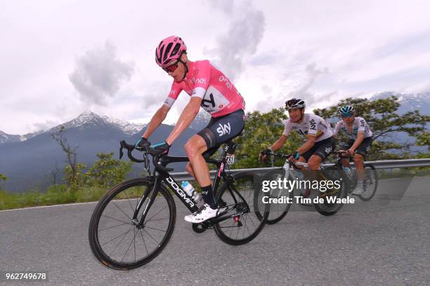 Christopher Froome of Great Britain and Team Sky Pink Leader Jersey / Sergio Luis Henao Montoya of Colombia and Team Sky / David de la Cruz of Spain...