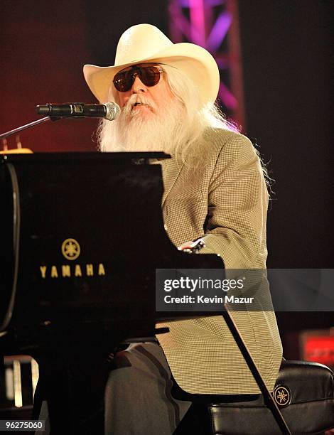 Leon Russell performs at 2010 MusiCares Person Of The Year Tribute To Neil Young at the Los Angeles Convention Center on January 29, 2010 in Los...