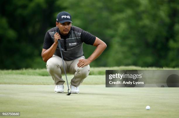 Sebastian Munoz of Columbia lines up his birdie putt on the 4th hole during the third round of the Nashville Golf Open at the Nashville Golf and...
