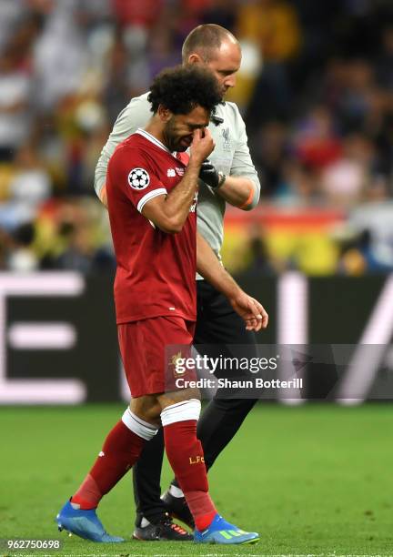 Mohamed Salah of Liverpool reacts whilst leaving the pitch during the UEFA Champions League Final between Real Madrid and Liverpool at NSC...