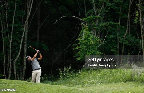 Sebastian Munoz of Columbia hits his tee shot on the 5th hole during the third round of the Nashville Golf Open at the Nashville Golf and Athletic...