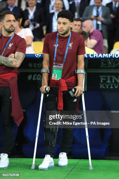 Liverpool's Alex Oxlade-Chamberlain on crutches due to a knee injury during the UEFA Champions League Final at the NSK Olimpiyskiy Stadium, Kiev.