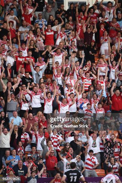 Leigh Centurions fans celebrate during the Rugby League 2018 Summer Bash match between Toronto Wolfpack and Leigh Centurions at Bloomfield Road on...