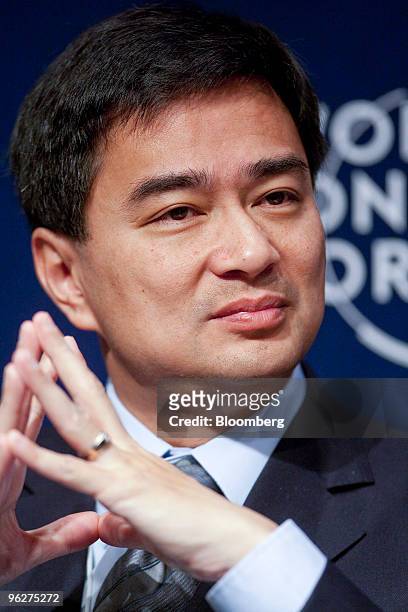 Abhisit Vejjajiva, prime minister of Thailand, attends a panel discussion on day four of the 2010 World Economic Forum annual meeting in Davos,...