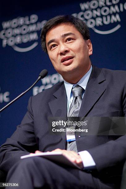 Abhisit Vejjajiva, prime minister of Thailand, speaks during a panel discussion on day four of the 2010 World Economic Forum annual meeting in Davos,...