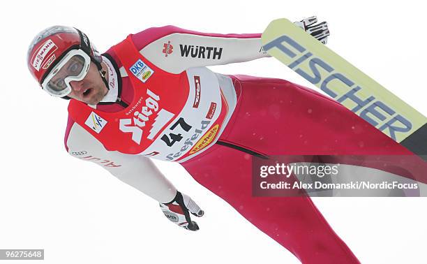 Bjoern Kircheisen of Germany competes in the Gundersen Ski Jumping HS 100 event during day one of the FIS Nordic Combined World Cup on January 30,...