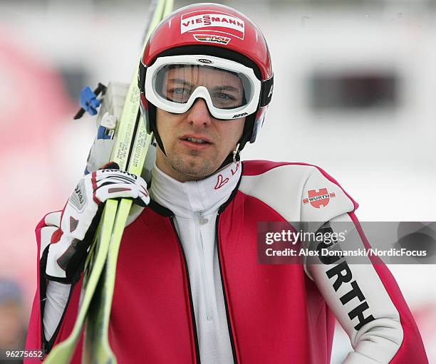 Bjoern Kircheisen of Germany looks on during the Gundersen Ski Jumping HS 100 event during day one of the FIS Nordic Combined World Cup on January...