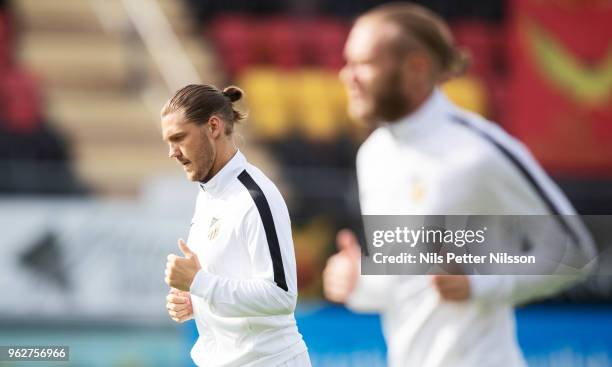 Karl Bohm of BK Hacken during warm up ahead of the Allsvenskan match between Ostersunds FK and BK Hacken at Jamtkraft Arena on May 26, 2018 in...