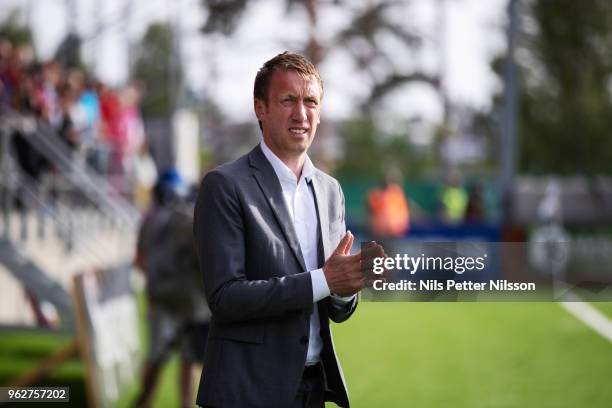 Graham Potter, head coach of Ostersunds FK during the Allsvenskan match between Ostersunds FK and BK Hacken at Jamtkraft Arena on May 26, 2018 in...