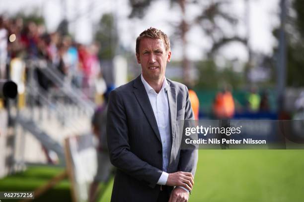 Graham Potter, head coach of Ostersunds FK during the Allsvenskan match between Ostersunds FK and BK Hacken at Jamtkraft Arena on May 26, 2018 in...