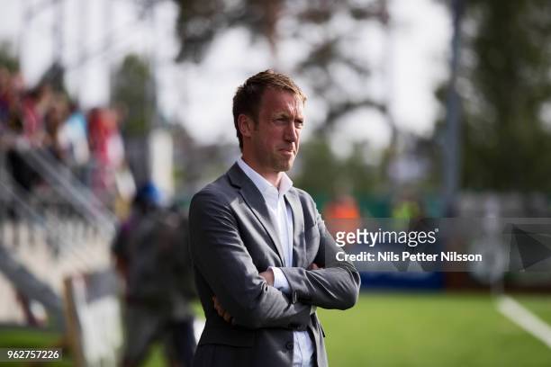 Graham Potter, head coach of Ostersunds FK during the Allsvenskan match between Ostersunds FK and BK Hacken at Jamtkraft Arena on May 26, 2018 in...
