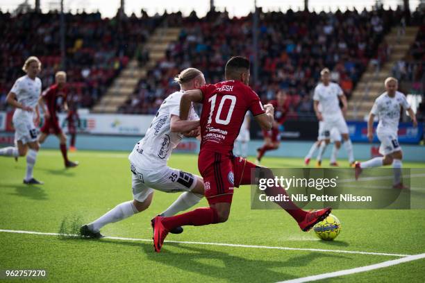 Alexander Angelin of BK Hacken and Hosam Aiesh of Ostersunds FK competes for the ball during the Allsvenskan match between Ostersunds FK and BK...