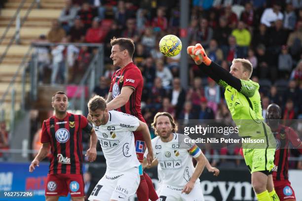 Peter Abrahamsson of BK Hacken makes a save during the Allsvenskan match between Ostersunds FK and BK Hacken at Jamtkraft Arena on May 26, 2018 in...