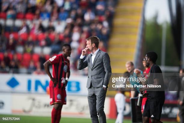 Graham Potter, head coach of Ostersunds FK during the Allsvenskan match between Ostersunds FK and BK Hacken at Jamtkraft Arena on May 26, 2018 in...