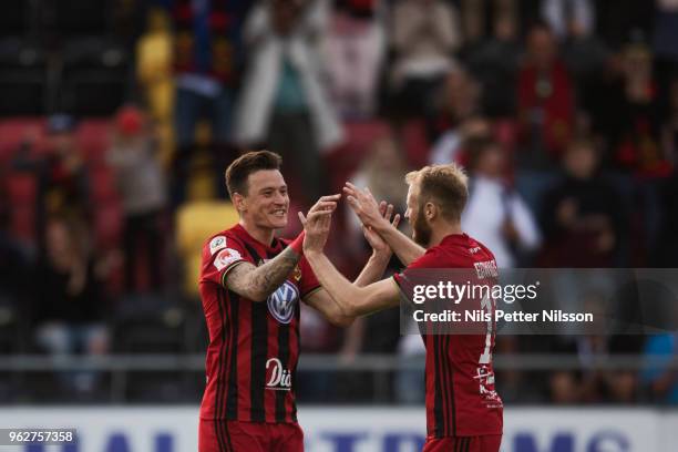 Jamie Hopcutt of Ostersunds FK celebrates after scoring 2-0 during the Allsvenskan match between Ostersunds FK and BK Hacken at Jamtkraft Arena on...