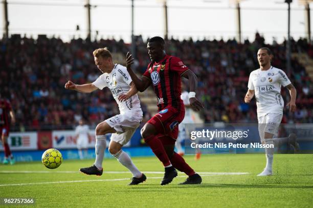 Adam Andersson of BK Hacken and Alhaji Gero of Ostersunds FK during the Allsvenskan match between Ostersunds FK and BK Hacken at Jamtkraft Arena on...