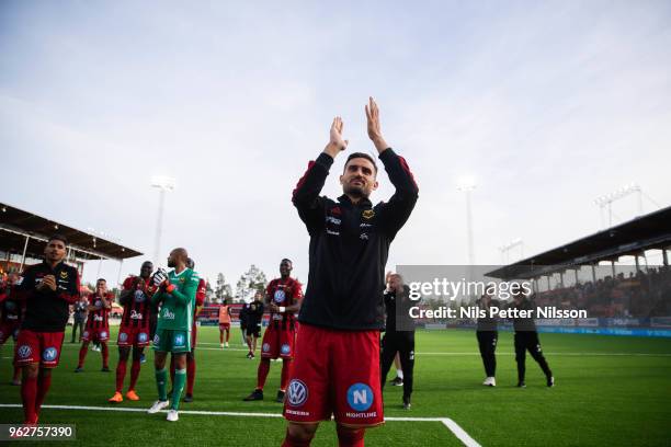 Sotirios Papagianopoulos of Ostersunds FK cheers to the fans after the Allsvenskan match between Ostersunds FK and BK Hacken at Jamtkraft Arena on...