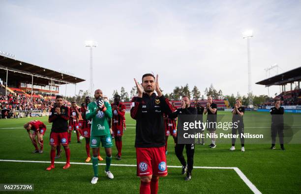 Sotirios Papagianopoulos of Ostersunds FK cheers to the fans after the Allsvenskan match between Ostersunds FK and BK Hacken at Jamtkraft Arena on...