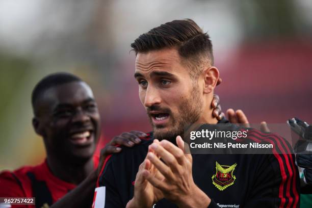 Sotirios Papagianopoulos of Ostersunds FK cheers to the fans after the Allsvenskan match between Ostersunds FK and BK Hacken at Jamtkraft Arena on...